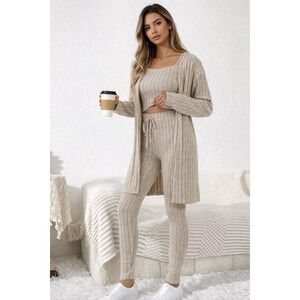 Women's Medium 3-Piece Lounge Set Rib Knit Cardigan Crop Top Pants, Sand NWOT
